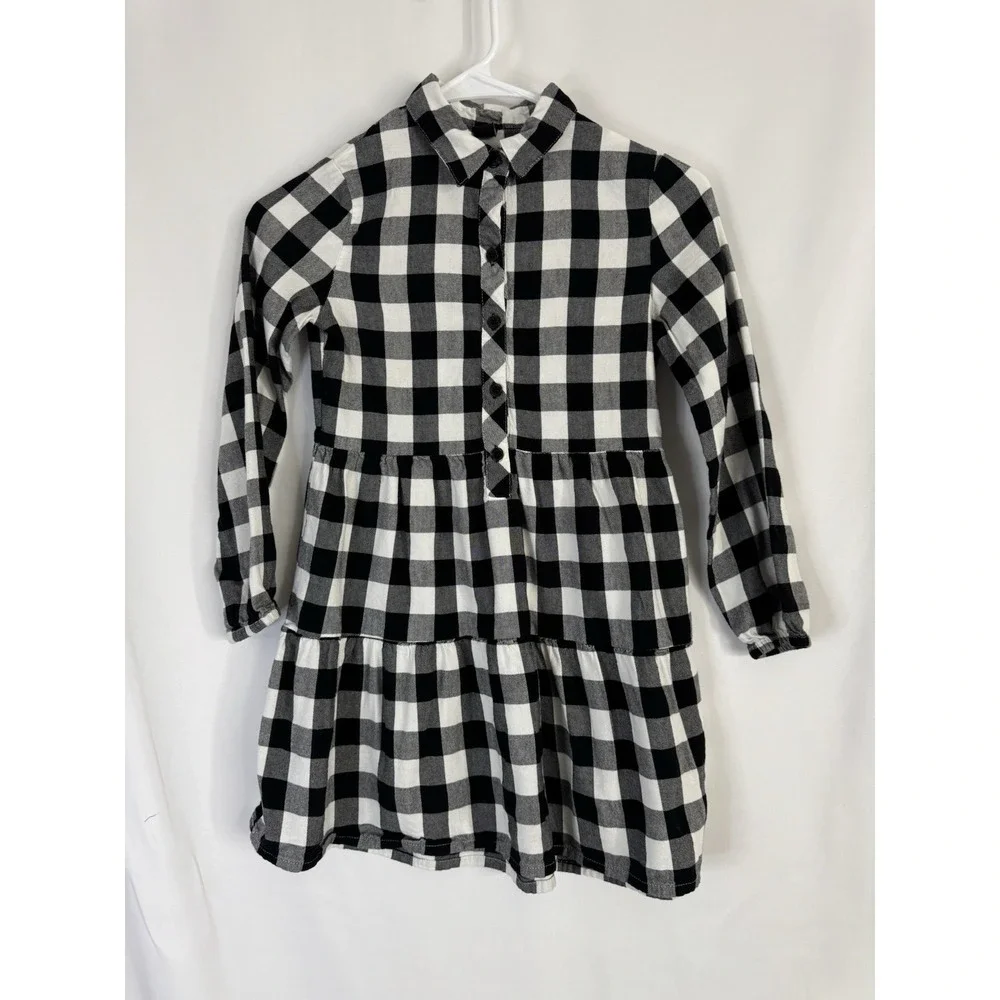 Star Ride Girls Buffalo Plaid‎ Dress Size 8/10 Black & White Long Sleeve Buttons